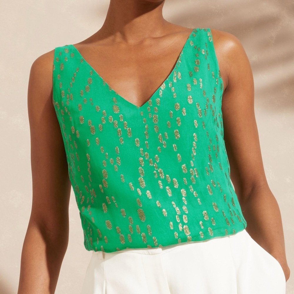Love & Roses Green Metallic V Neck Blouse Size 10 NWT